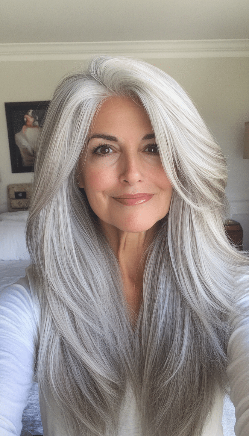 12. Silvery Champagne Curtain Cut (Long Haircuts For Older Women) - Long Haircuts For Older Women