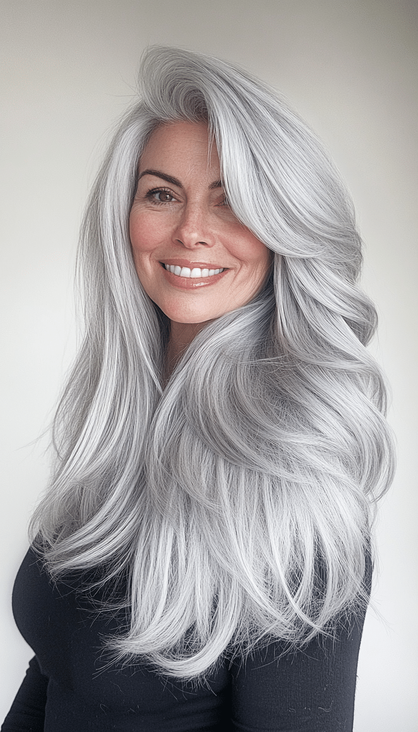 18. Cool Silver Waterfall Layers (Long Haircuts For Older Women) - Long Haircuts For Older Women