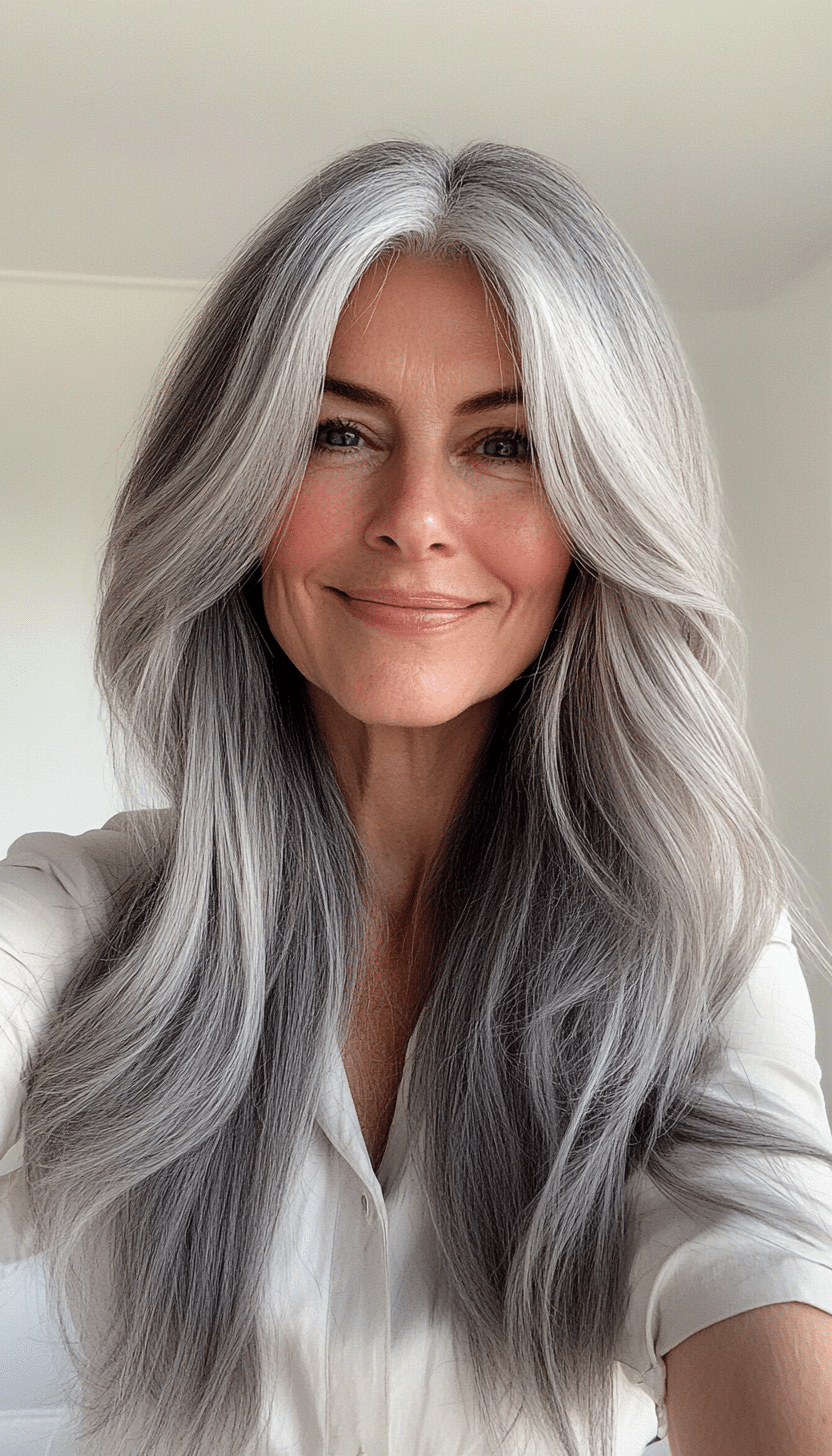 22. Charcoal Gray Silken Layers (Long Haircuts For Older Women) - Long Haircuts For Older Women