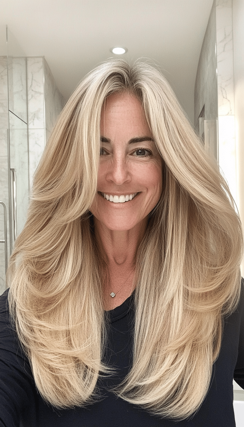 26. Golden Beige Layered Tresses (Long Haircuts For Older Women) - Long Haircuts For Older Women