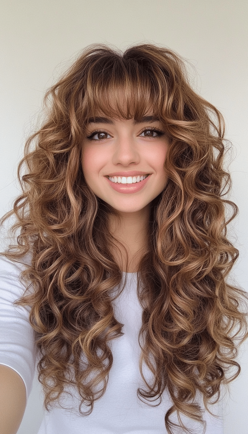 2. Long Spiral Curls with Sun-Kissed Light Brown (Curly Hairstyles With Fringe) - Curly Hairstyles With Fringe