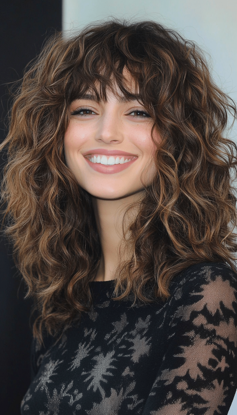 3. Mid-Length Shag with Ash Brown Highlights (Curly Hairstyles With Fringe) - Curly Hairstyles With Fringe