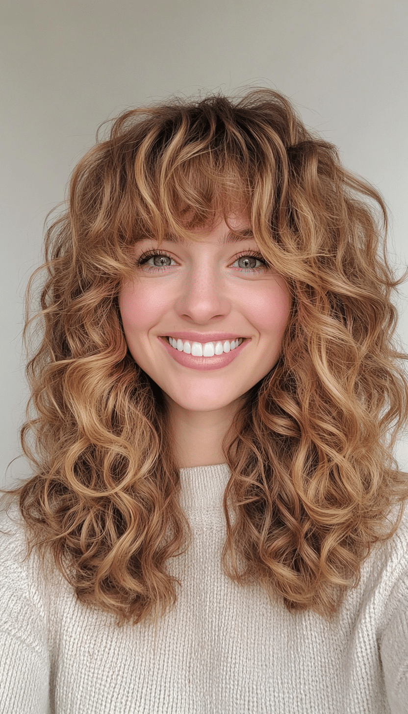 5. Shoulder-Length Layers with Golden Blonde Glow (Curly Hairstyles With Fringe) - Curly Hairstyles With Fringe