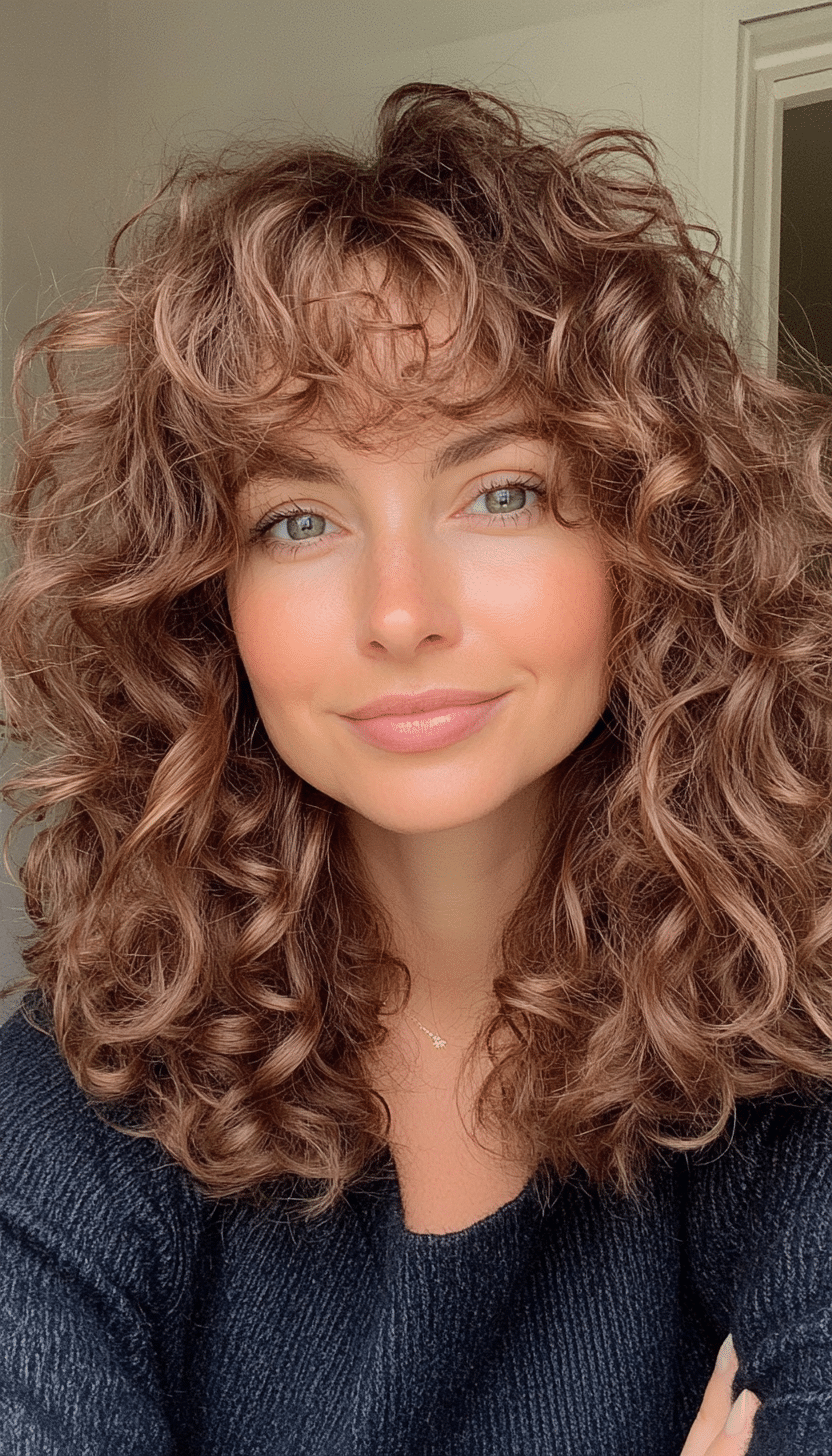 6. Curly Lob with Warm Brown Undertones (Curly Hairstyles With Fringe) - Curly Hairstyles With Fringe