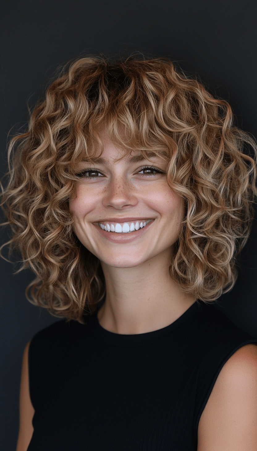 8. Layered Ringlets with Dark Blonde Hue (Curly Hairstyles With Fringe) - Curly Hairstyles With Fringe