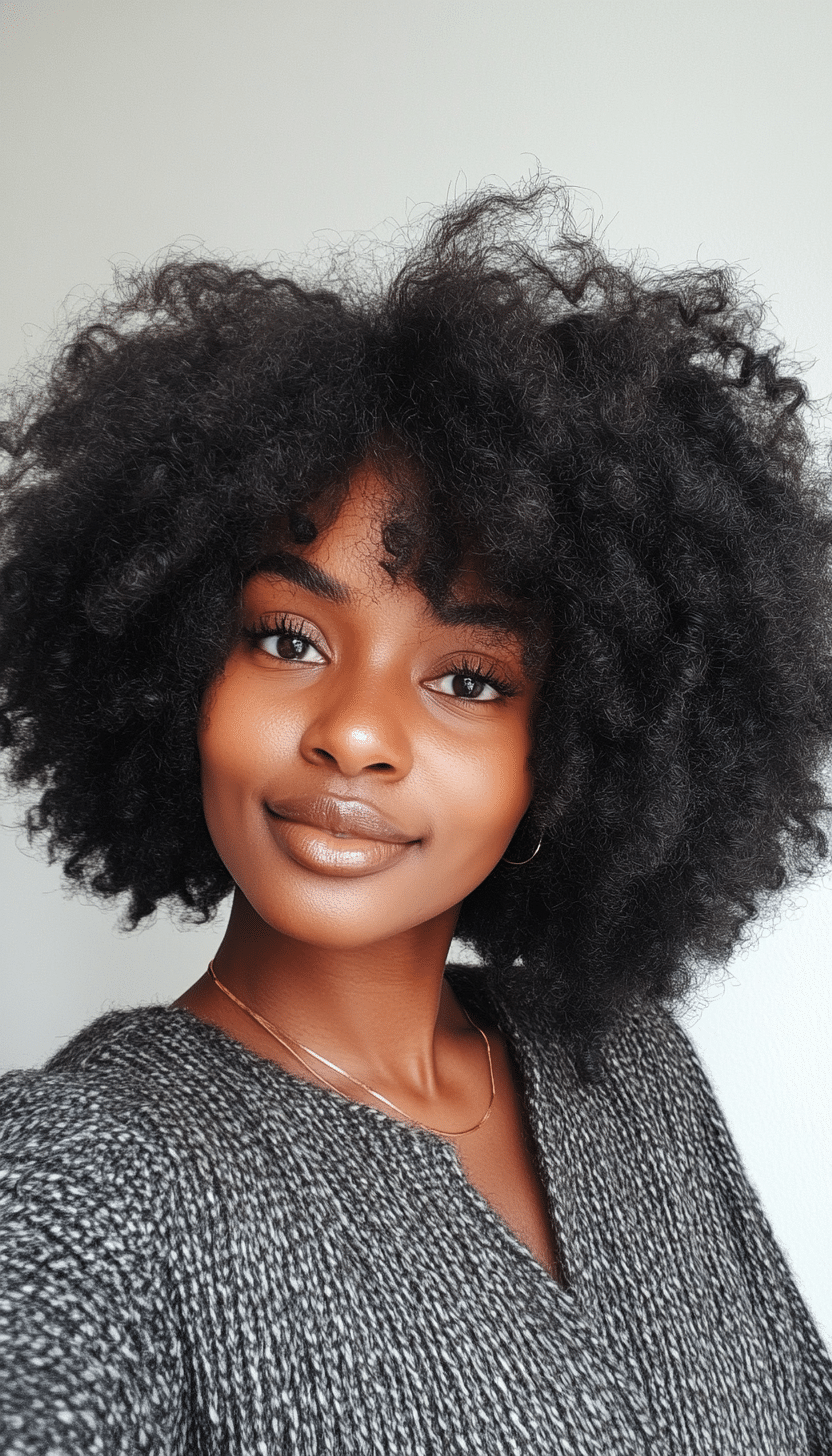 9. Voluminous Afro with Natural Black Tones (Curly Hairstyles With Fringe) - Curly Hairstyles With Fringe