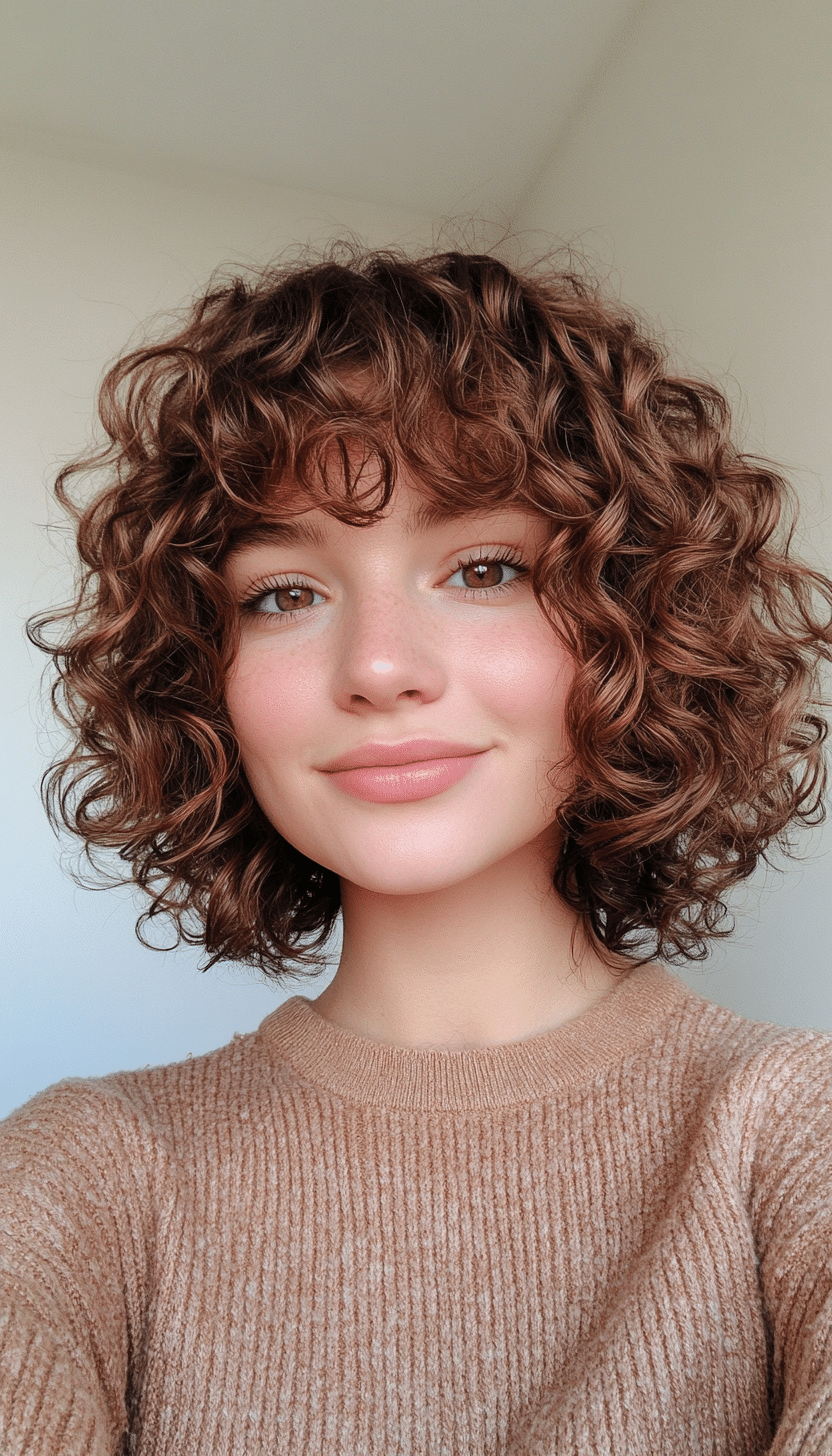 11. Chin-Length Curly Bob with Copper Brown Tint (Curly Hairstyles With Fringe) - Curly Hairstyles With Fringe