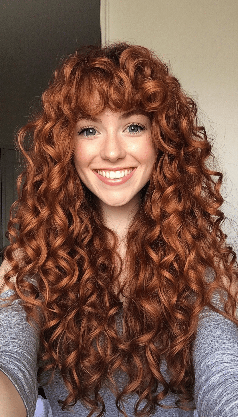 12. Layered Coils with Deep Auburn Richness (Curly Hairstyles With Fringe) - Curly Hairstyles With Fringe