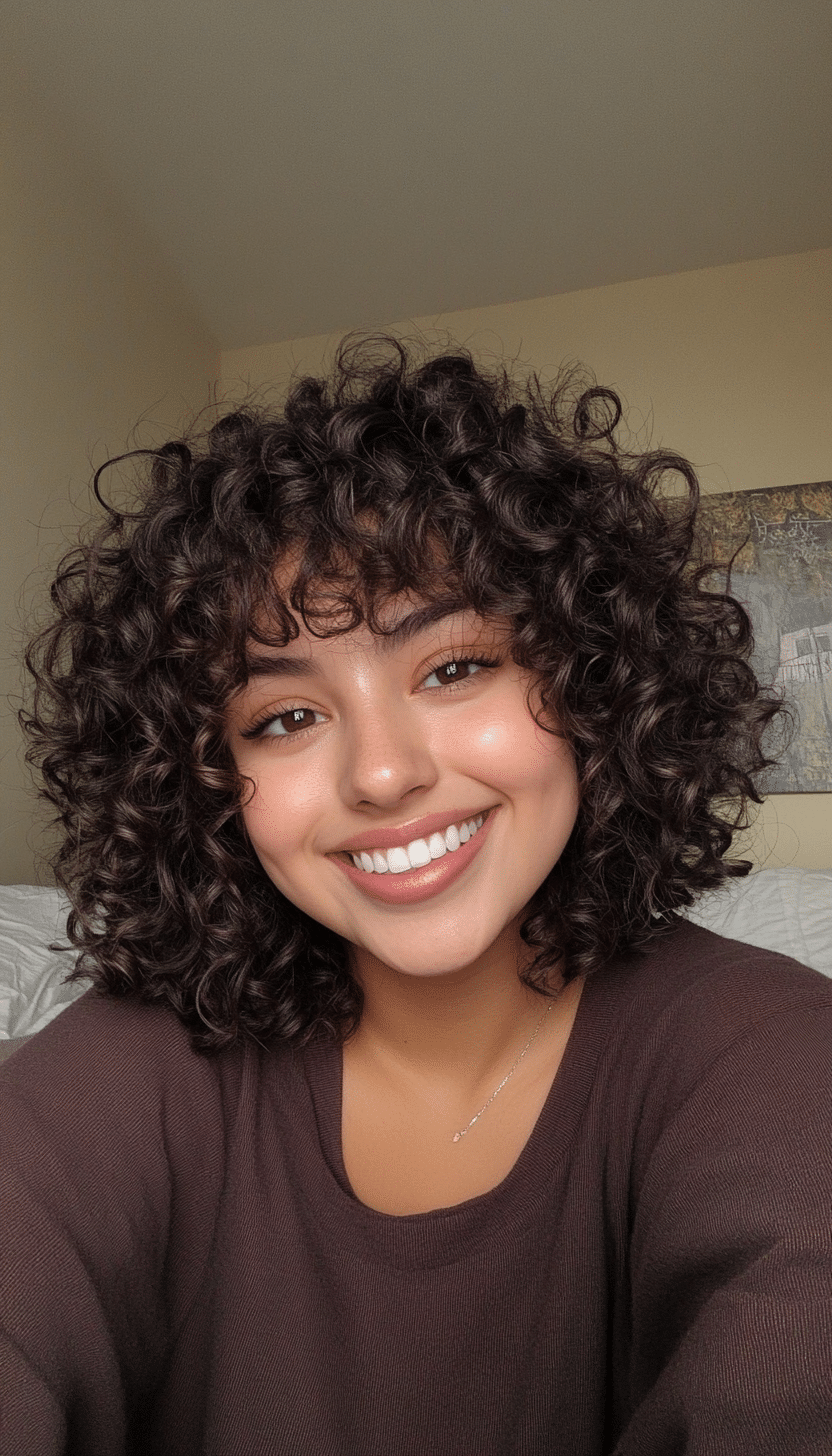 13. Short Curly Crop with Dark Chocolate Brown (Curly Hairstyles With Fringe) - Curly Hairstyles With Fringe