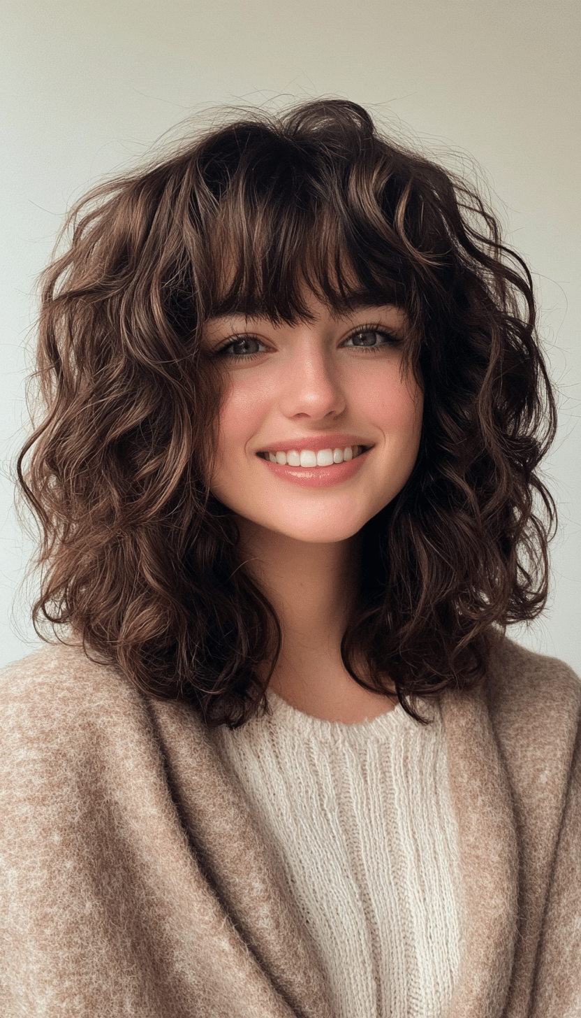 14. Medium-Length Curly Shag with Walnut Brown Layers (Curly Hairstyles With Fringe) - Curly Hairstyles With Fringe