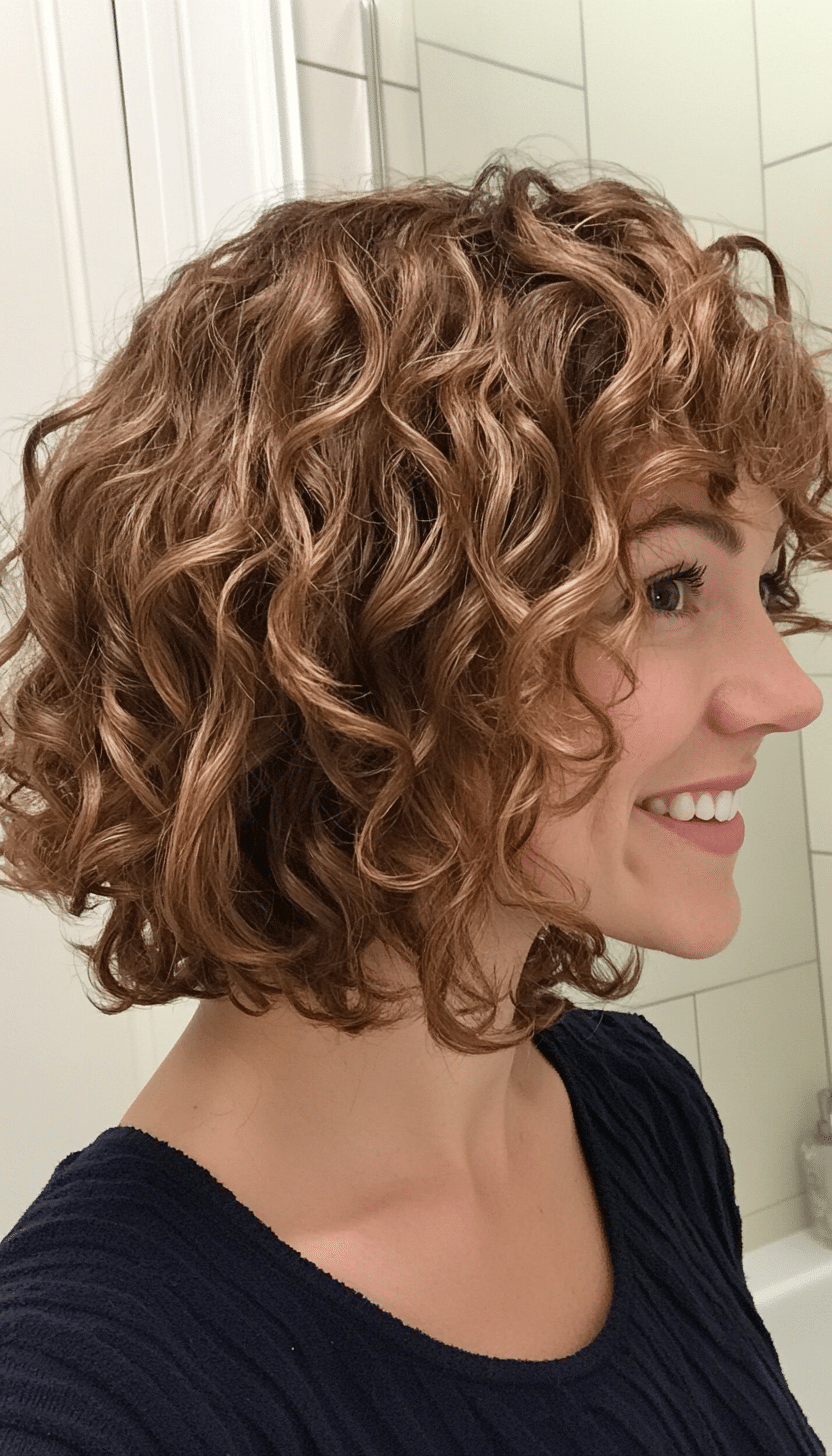 15. Angled Curly Bob with Honey Brown Tint (Curly Hairstyles With Fringe) - Curly Hairstyles With Fringe