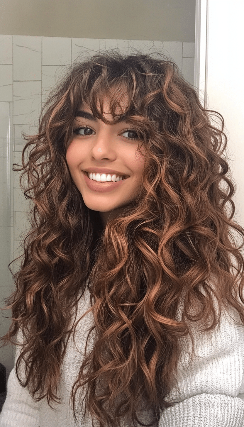 16. Long Boho Curls with Caramel Brown Dimension (Curly Hairstyles With Fringe) - Curly Hairstyles With Fringe