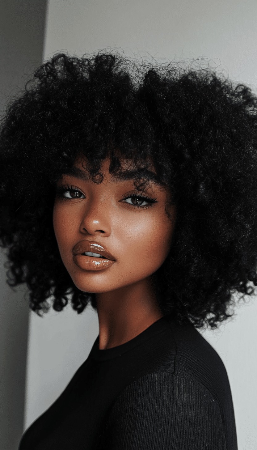 17. Rounded Coily Shape with Jet Black Gloss (Curly Hairstyles With Fringe) - Curly Hairstyles With Fringe