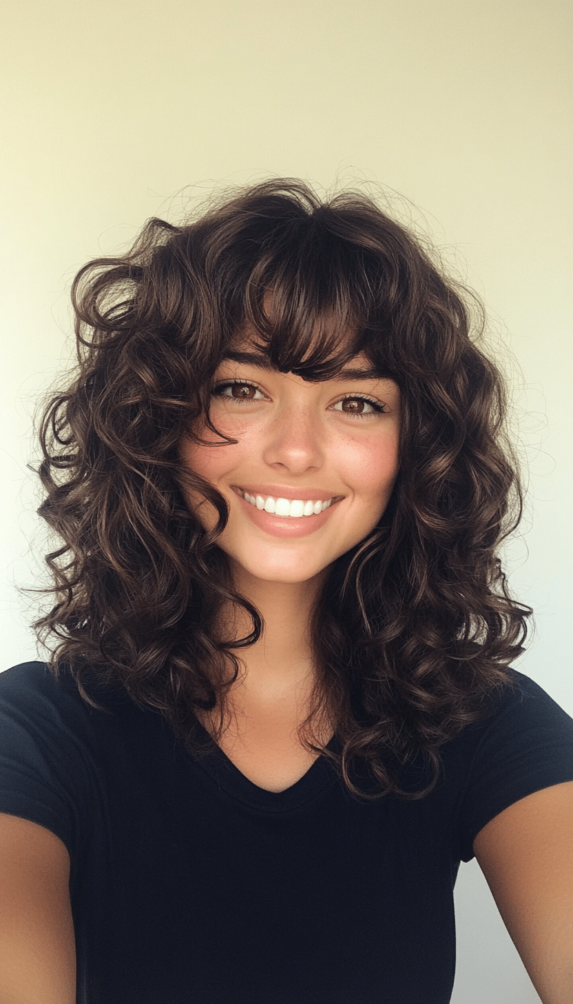 18. Shoulder-Grazing Spiral Shag with Medium Brown Base (Curly Hairstyles With Fringe) - Curly Hairstyles With Fringe