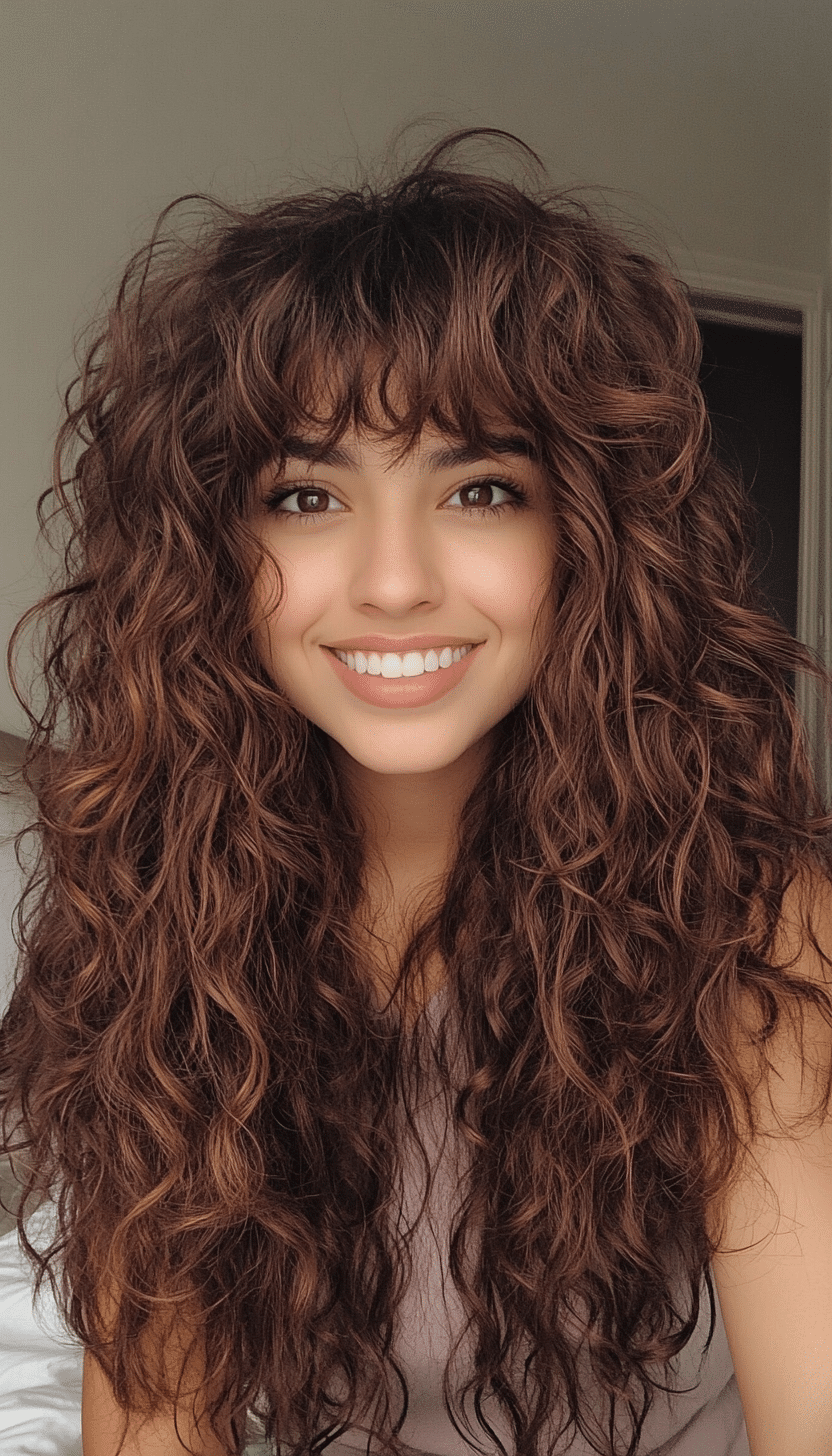 23. Long Shaggy Coils with Rich Brown Undertones (Curly Hairstyles With Fringe) - Curly Hairstyles With Fringe