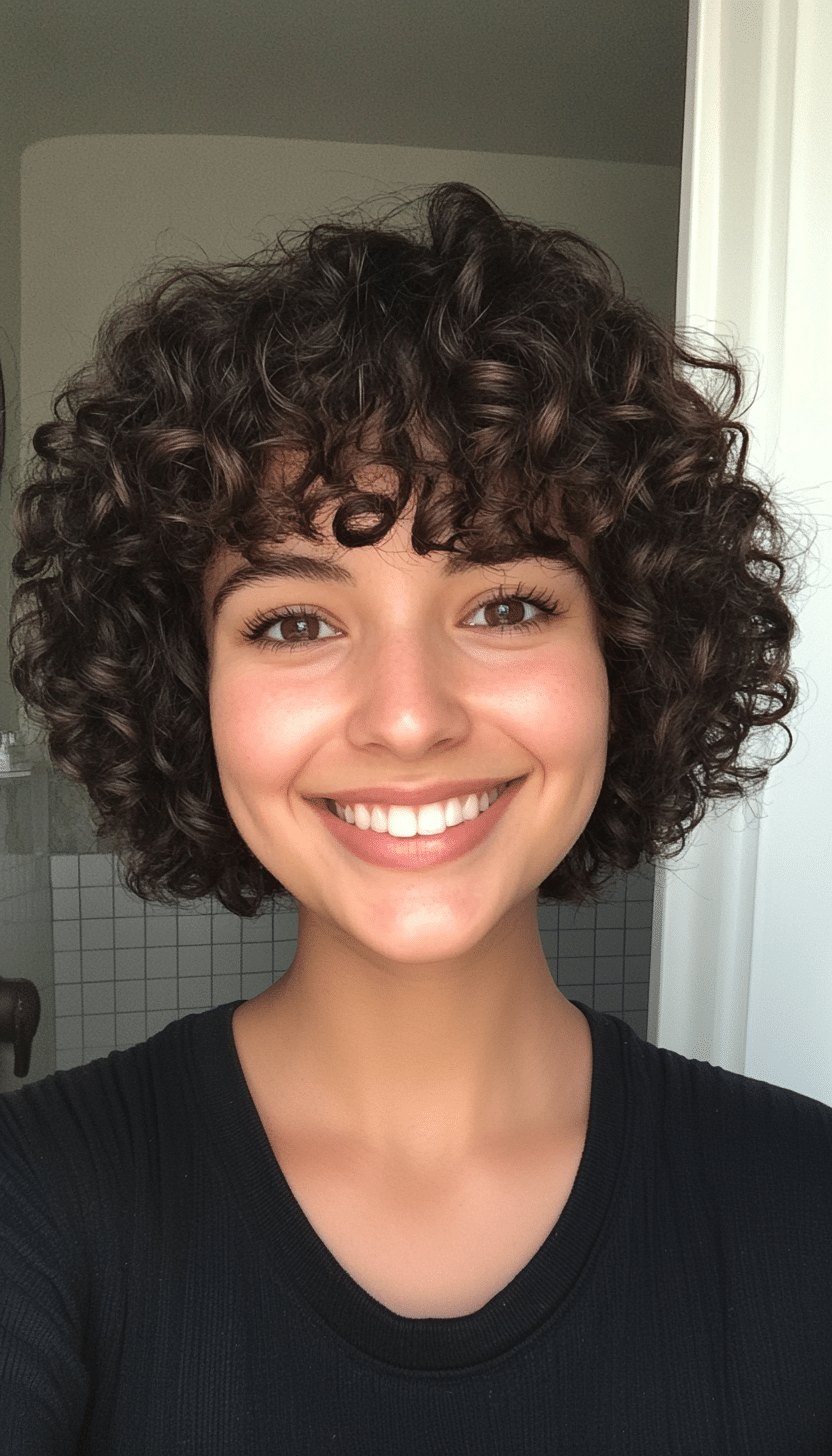 25. Pixie Curly Fringe with Dark Brown Elegance (Curly Hairstyles With Fringe) - Curly Hairstyles With Fringe