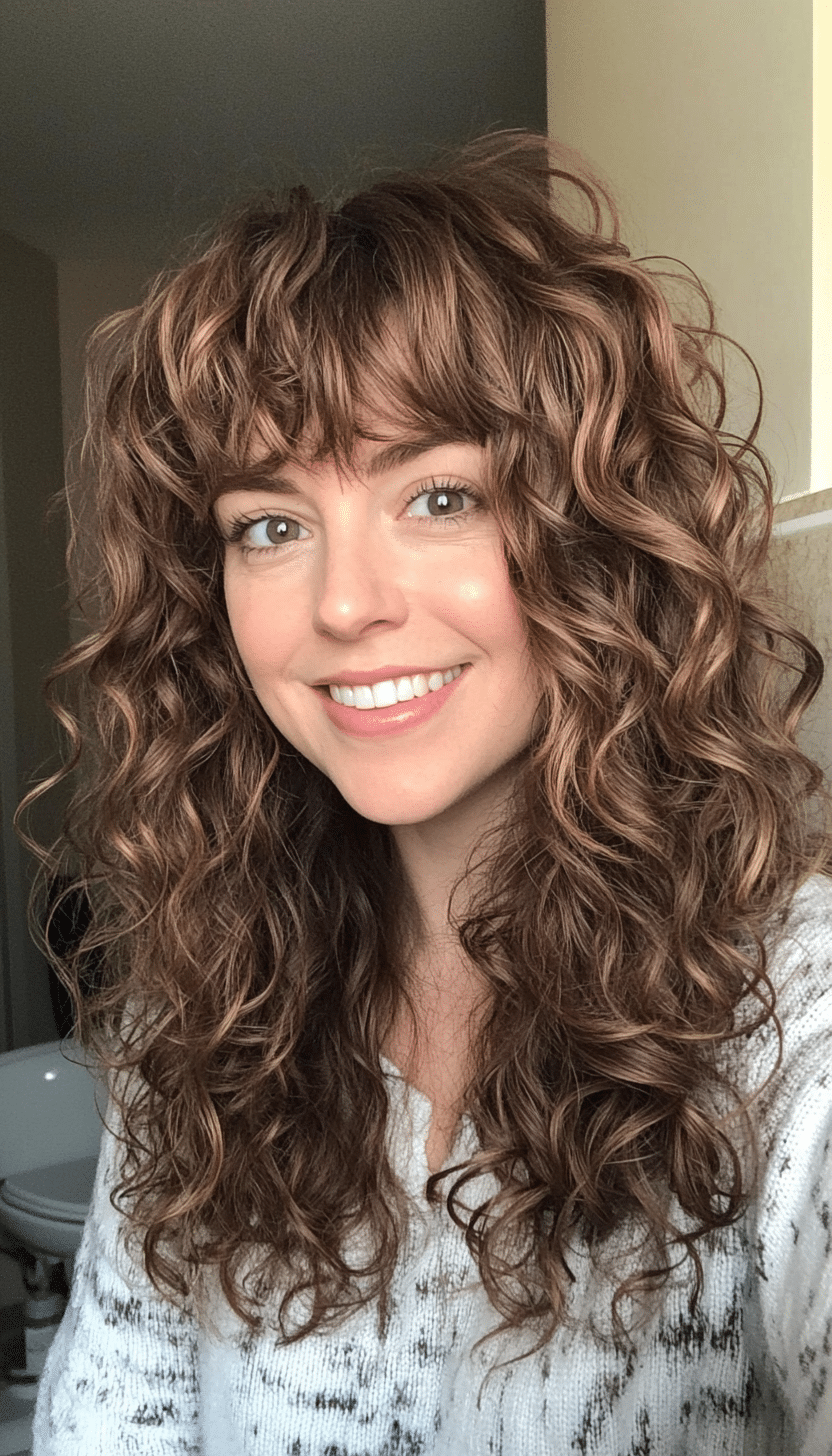 26. Layered Spiral Lob with Tawny Brown Glow (Curly Hairstyles With Fringe) - Curly Hairstyles With Fringe
