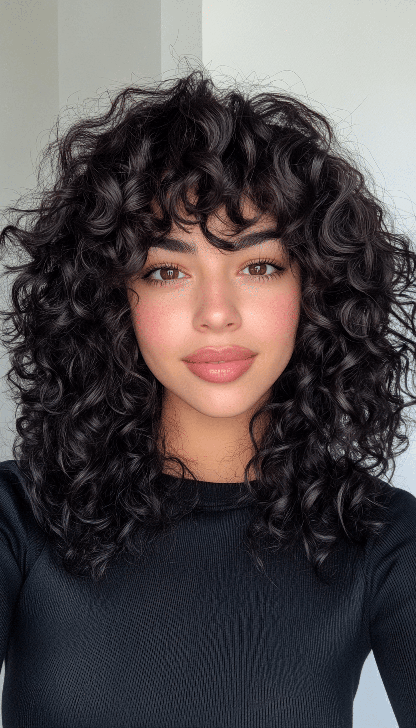 27. Voluminous Curly Cut with Soft Black Finish (Curly Hairstyles With Fringe) - Curly Hairstyles With Fringe