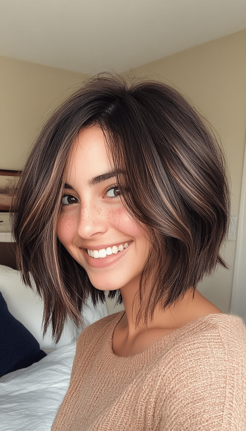 17. Layered Bob with Face-Framing Highlights in Dark Brown (Medium Bob Hairstyles) - Medium Bob Hairstyles