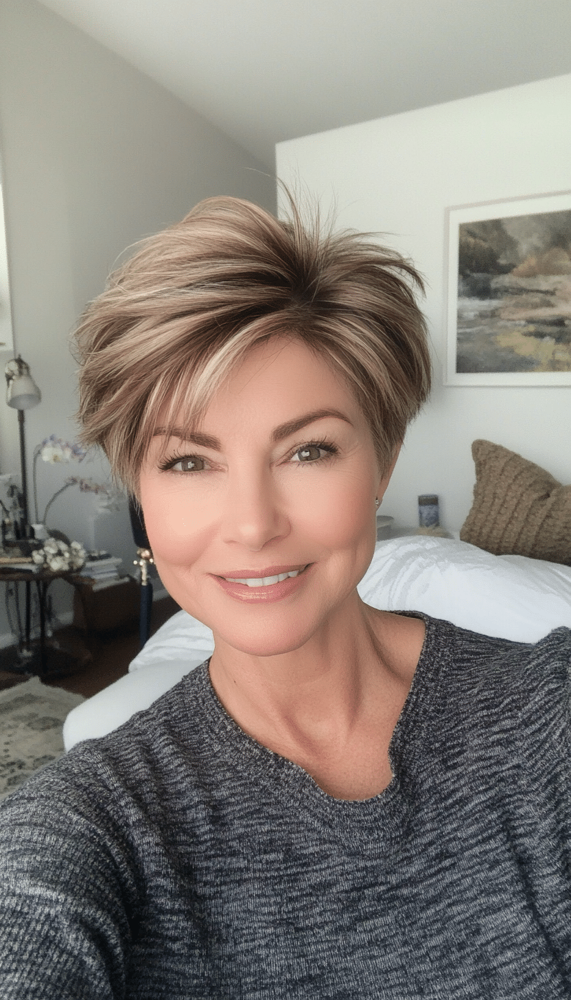 2. Tapered Pixie with Sandy Brown Highlights (Haircuts For Women Over 50 With Thin Hair) - Haircuts For Women Over 50 With Thin Hair