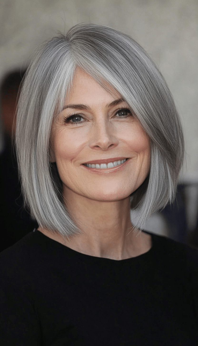 6. Classic Bob with Silvery Grey Highlights (Haircuts For Women Over 50 With Thin Hair) - Haircuts For Women Over 50 With Thin Hair