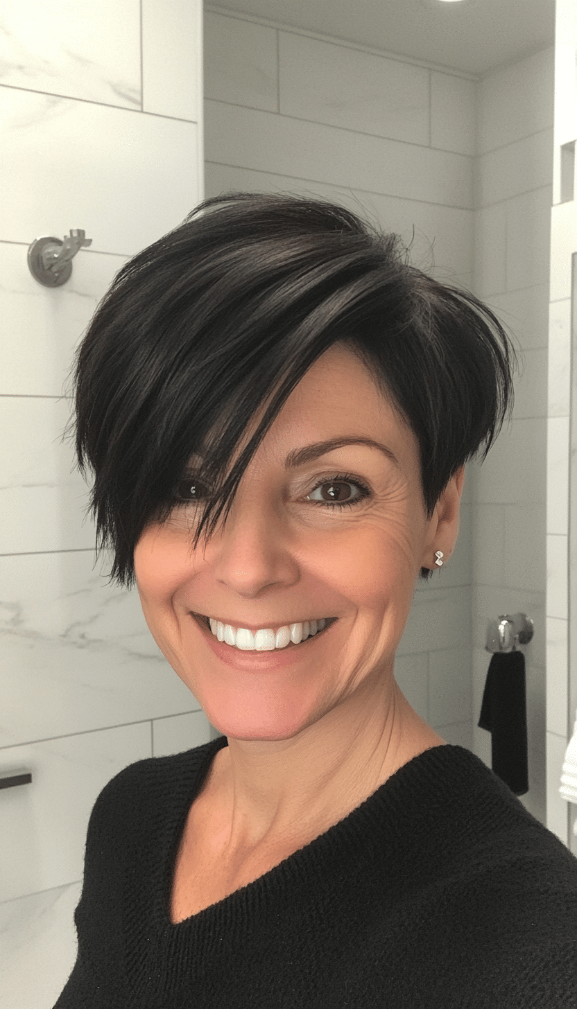 7. Asymmetrical Pixie in Natural Black (Haircuts For Women Over 50 With Thin Hair) - Haircuts For Women Over 50 With Thin Hair