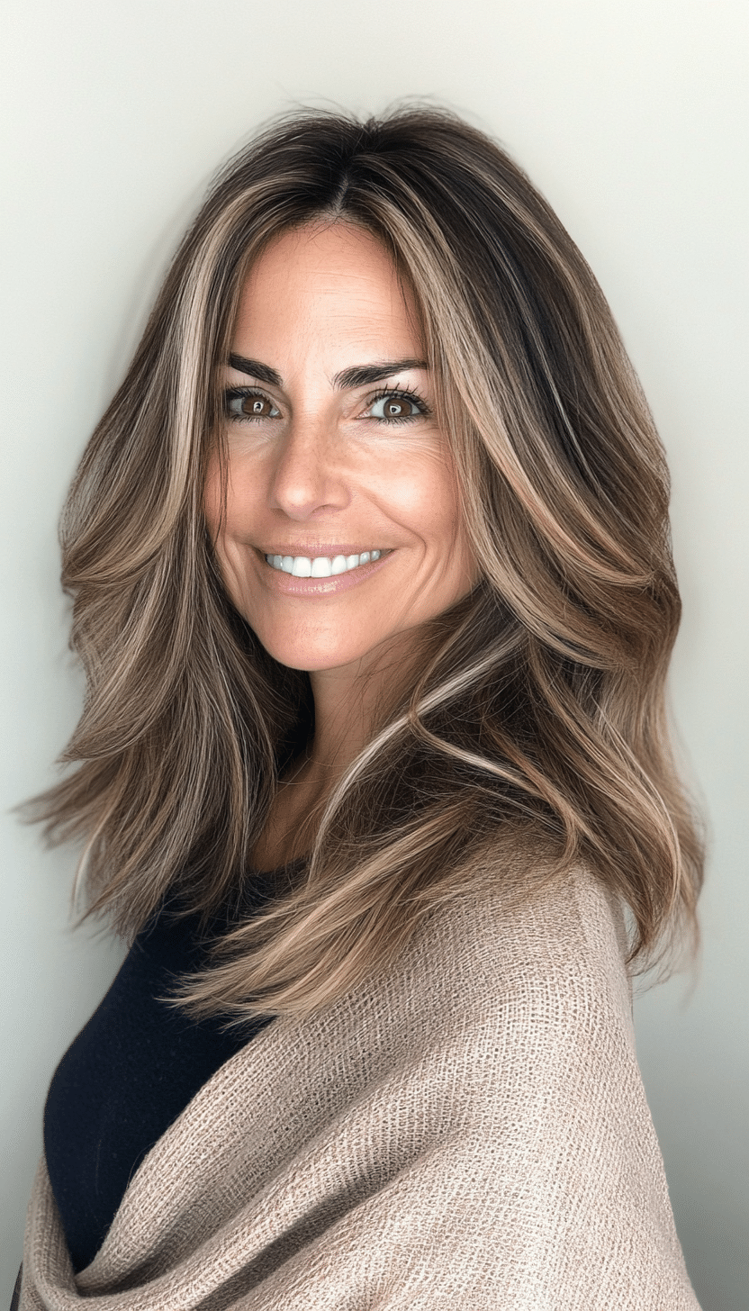 11. Face-Framing Layers with Light Brown Balayage (Haircuts For Women Over 50 With Thin Hair) - Haircuts For Women Over 50 With Thin Hair