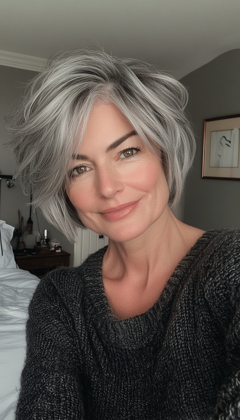 12. Short Shag in Salt and Pepper Tones (Haircuts For Women Over 50 With Thin Hair) - Haircuts For Women Over 50 With Thin Hair