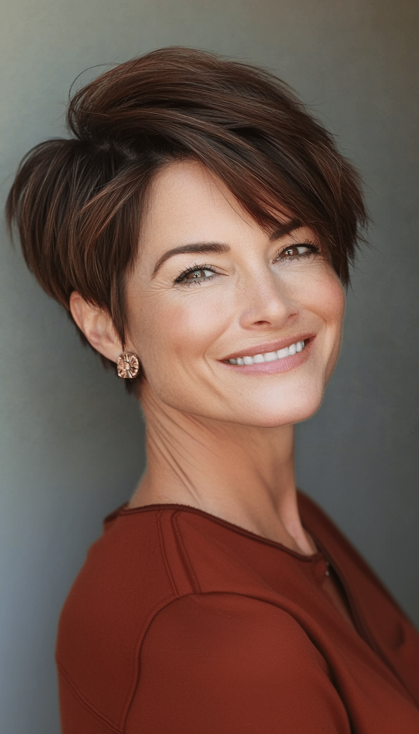 15. Side-Parted Pixie in Warm Mahogany (Haircuts For Women Over 50 With Thin Hair) - Haircuts For Women Over 50 With Thin Hair