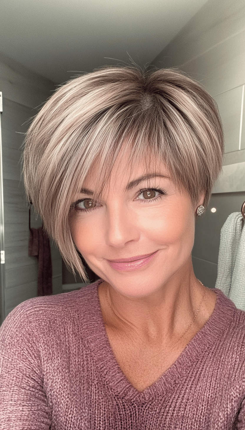 18. Pixie with Long Bangs in Sandy Blonde (Haircuts For Women Over 50 With Thin Hair) - Haircuts For Women Over 50 With Thin Hair
