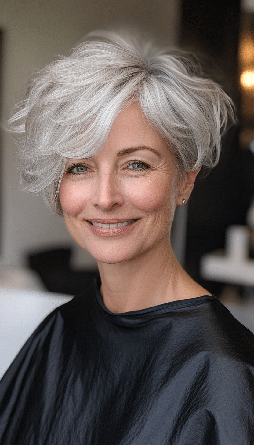 24. Layered Crop with Pearl Grey Finish (Haircuts For Women Over 50 With Thin Hair) - Haircuts For Women Over 50 With Thin Hair