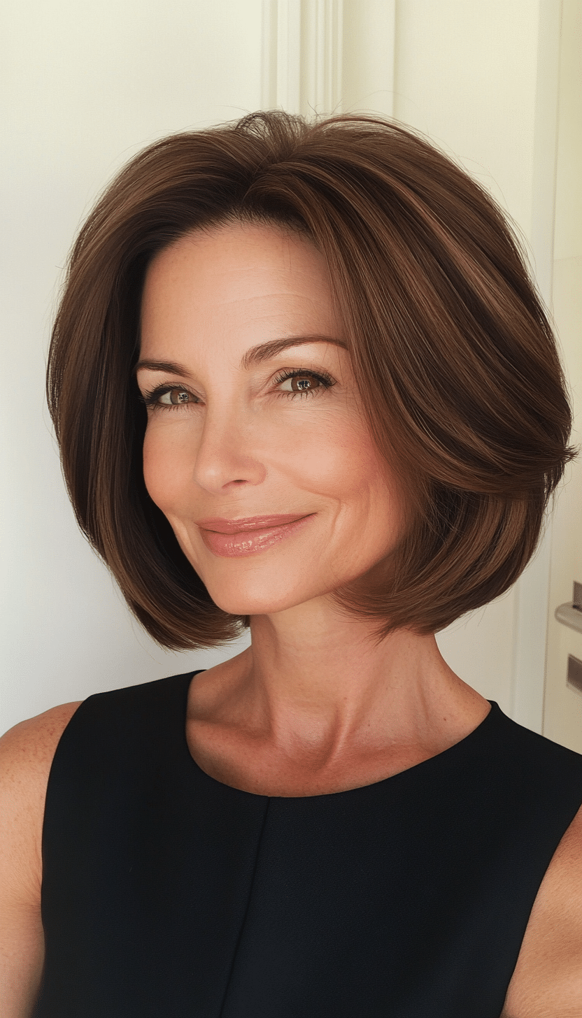 26. Stacked Bob with Warm Walnut Brown (Haircuts For Women Over 50 With Thin Hair) - Haircuts For Women Over 50 With Thin Hair