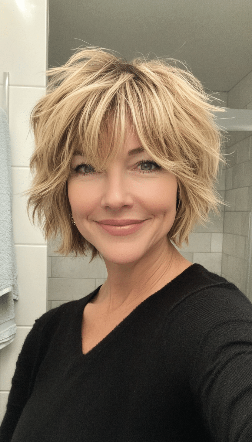 2. Tousled Honey Blonde Pixie Shag (Short Shag Haircuts With Bangs For Older Women) - Short Shag Haircuts With Bangs For Older Women