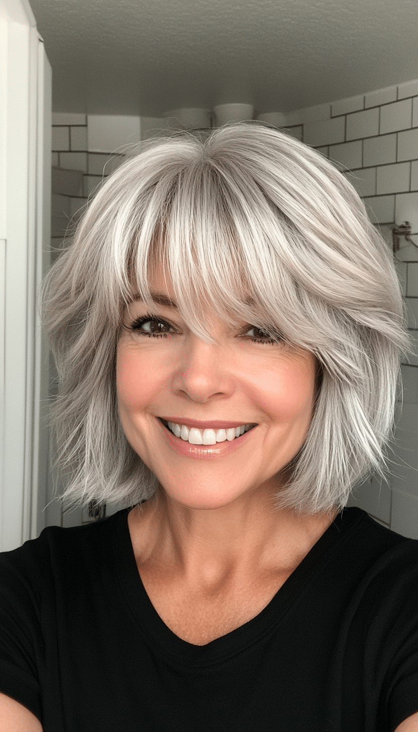 3. Layered Silver Fox Shag (Short Shag Haircuts With Bangs For Older Women) - Short Shag Haircuts With Bangs For Older Women