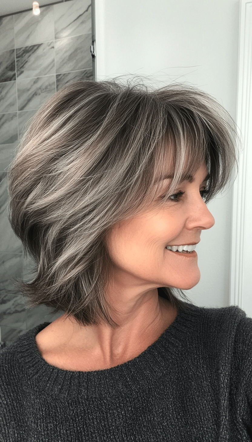5. Classic Salt and Pepper Shag (Short Shag Haircuts With Bangs For Older Women) - Short Shag Haircuts With Bangs For Older Women