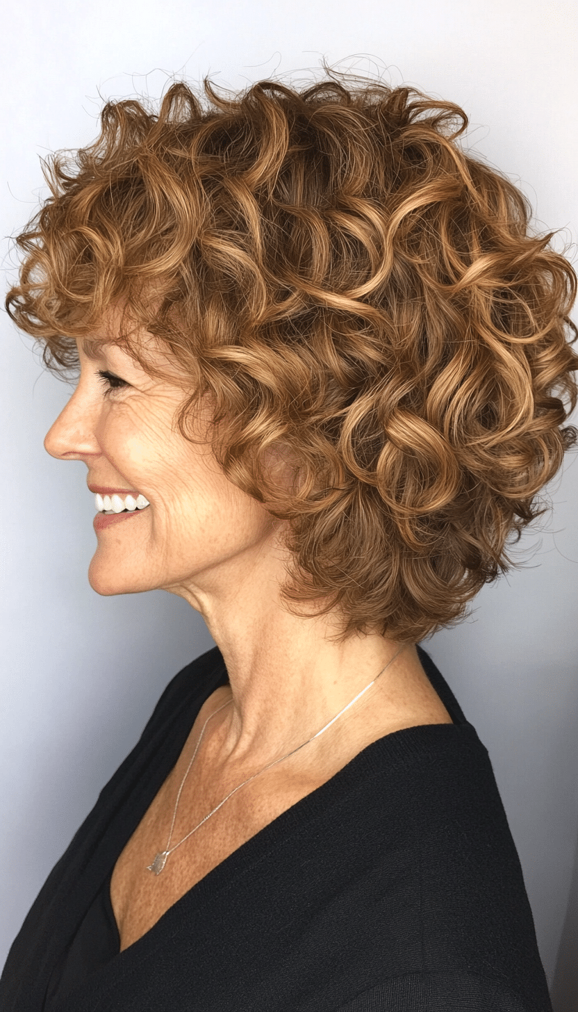 7. Golden Brown Curly Shag (Short Shag Haircuts With Bangs For Older Women) - Short Shag Haircuts With Bangs For Older Women