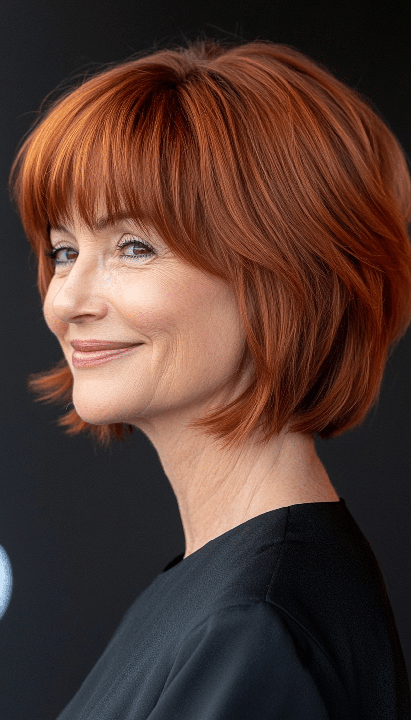 8. Warm Auburn Shag with Blunt Bangs (Short Shag Haircuts With Bangs For Older Women) - Short Shag Haircuts With Bangs For Older Women
