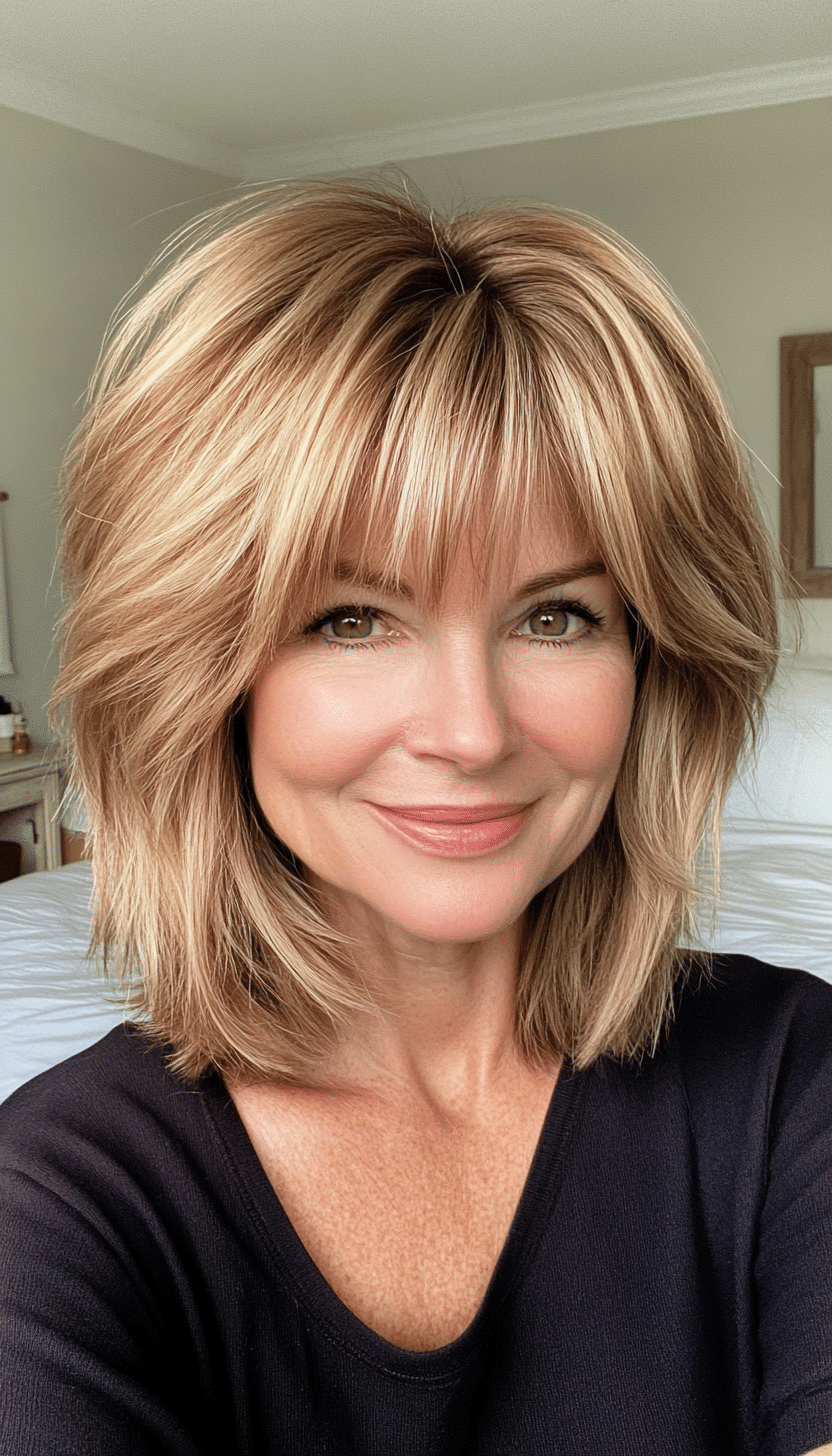 11. Caramel Blonde Layered Shag (Short Shag Haircuts With Bangs For Older Women) - Short Shag Haircuts With Bangs For Older Women