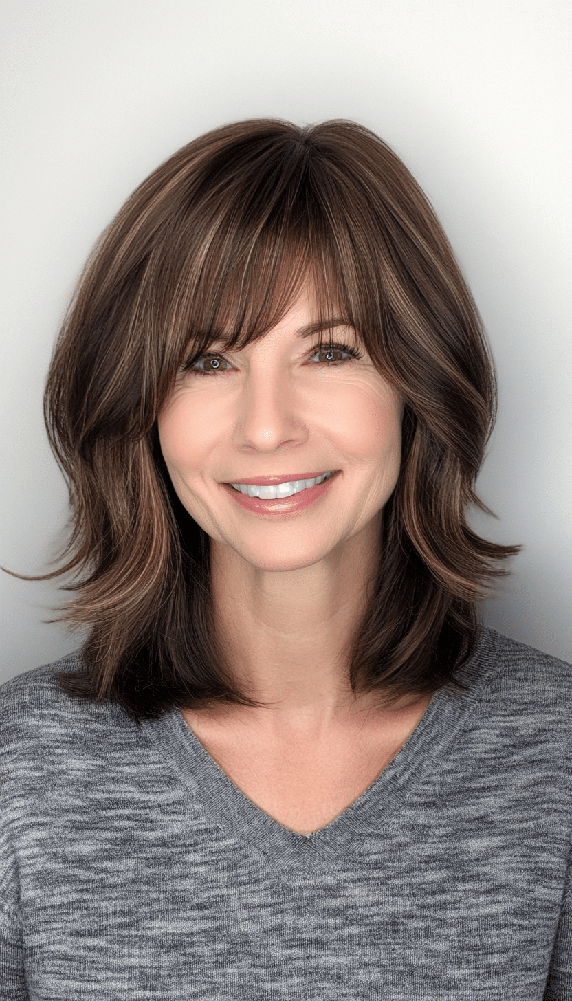 13. Mocha Shag with Side Bangs (Short Shag Haircuts With Bangs For Older Women) - Short Shag Haircuts With Bangs For Older Women