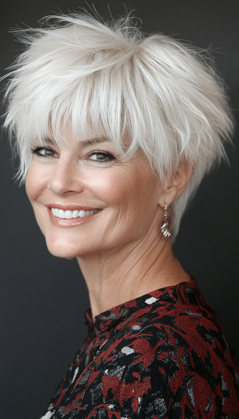 15. Pearl White Pixie Shag (Short Shag Haircuts With Bangs For Older Women) - Short Shag Haircuts With Bangs For Older Women