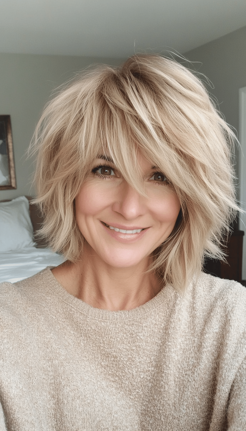 16. Beige Blonde Messy Shag (Short Shag Haircuts With Bangs For Older Women) - Short Shag Haircuts With Bangs For Older Women
