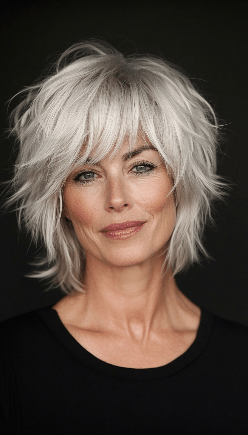 19. Platinum Shag with Textured Fringe (Short Shag Haircuts With Bangs For Older Women) - Short Shag Haircuts With Bangs For Older Women