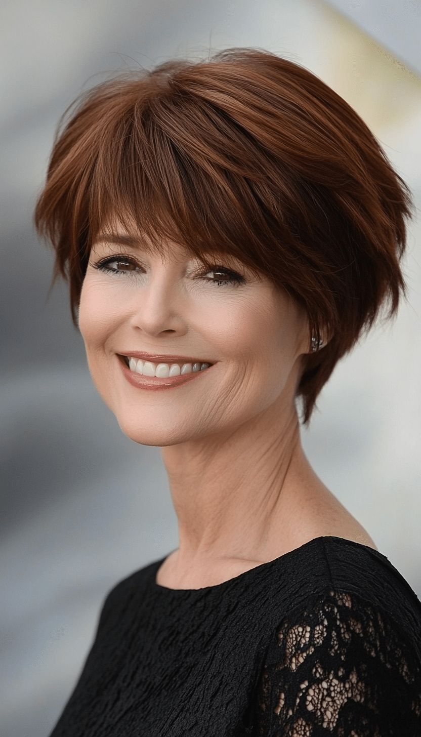 20. Chestnut Pixie Shag with Side Bangs (Short Shag Haircuts With Bangs For Older Women) - Short Shag Haircuts With Bangs For Older Women