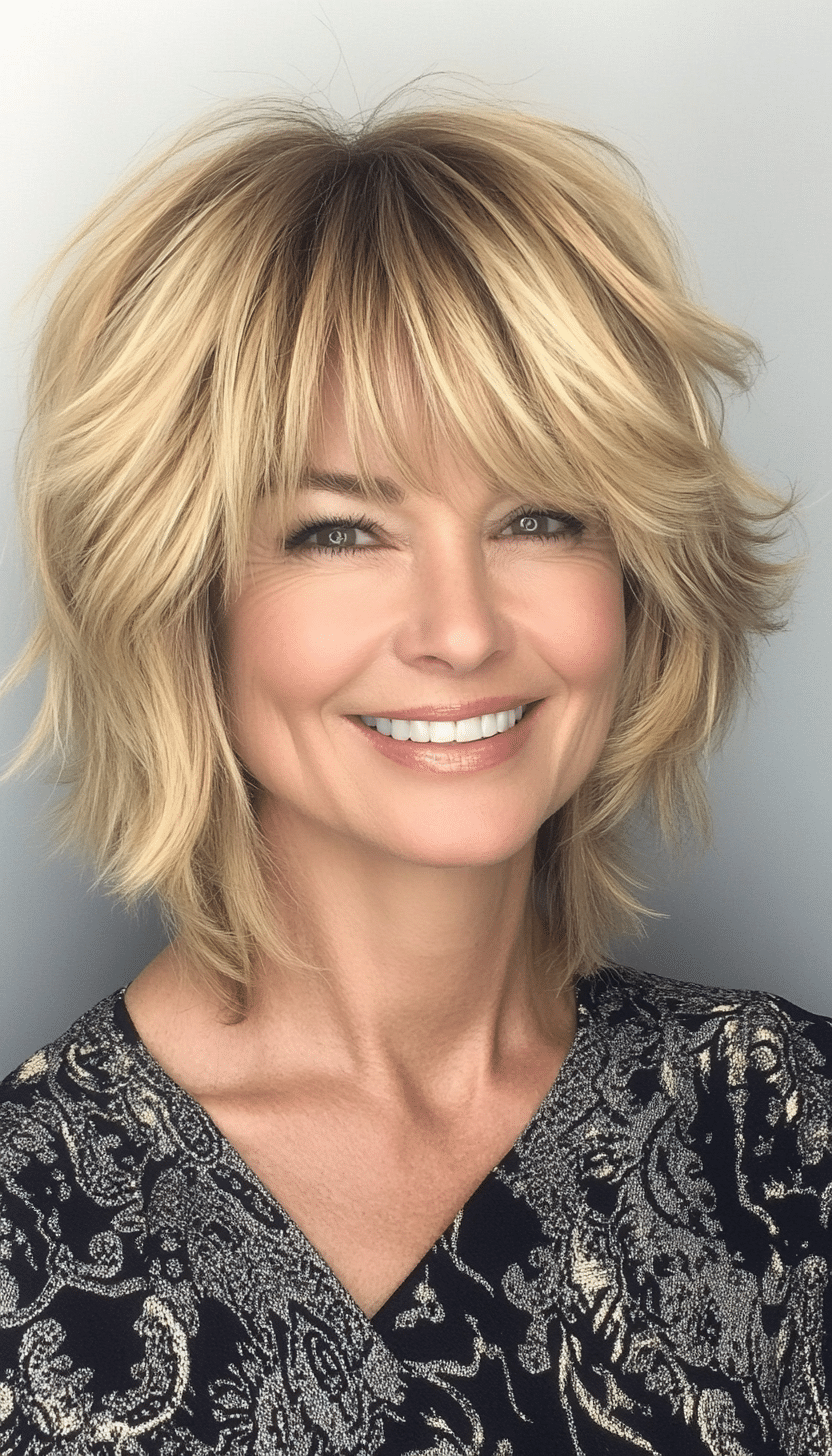 22. Golden Blonde Shag with Volume Bangs (Short Shag Haircuts With Bangs For Older Women) - Short Shag Haircuts With Bangs For Older Women
