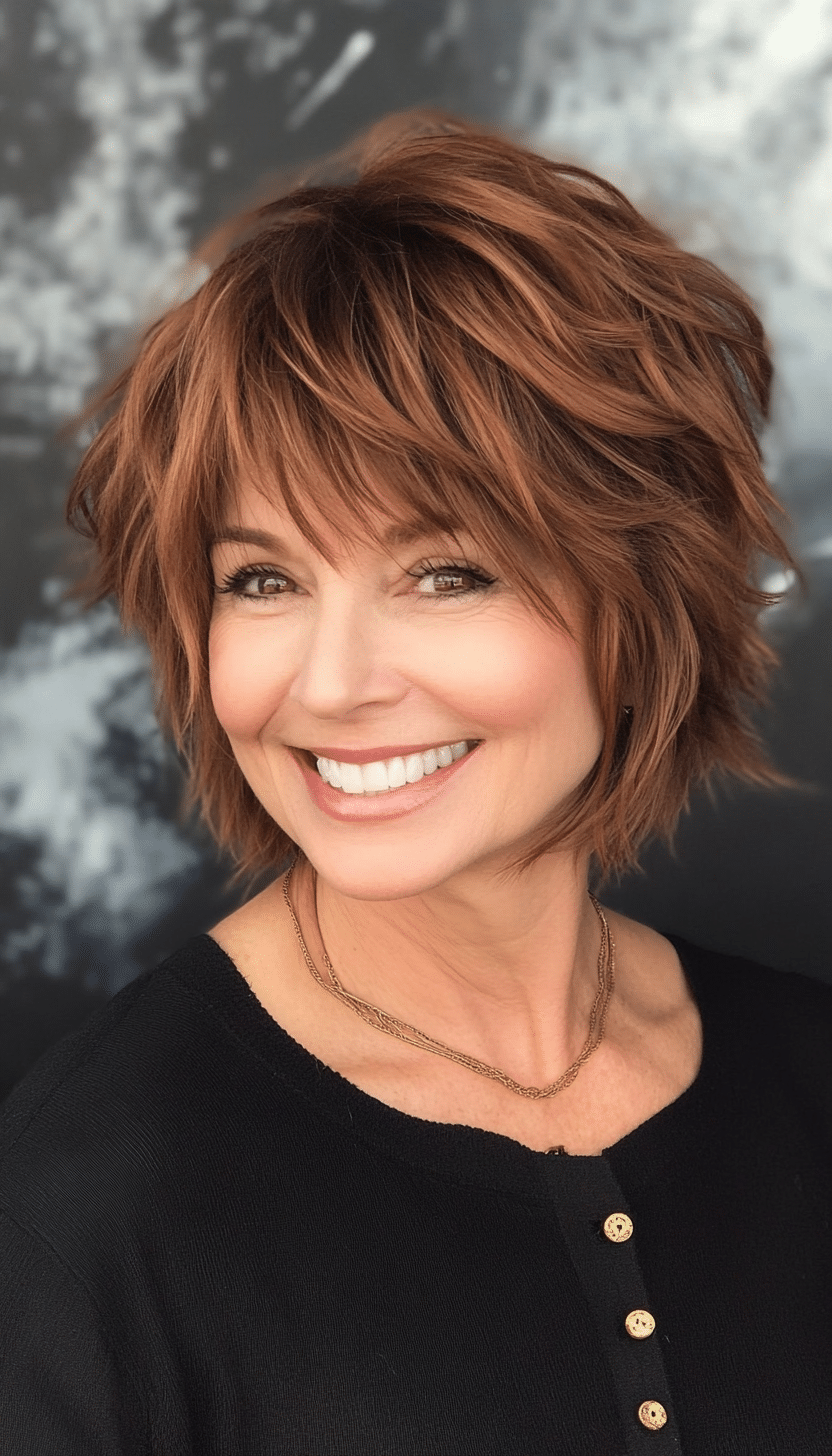 24. Cinnamon Short Shag with Piecey Bangs (Short Shag Haircuts With Bangs For Older Women) - Short Shag Haircuts With Bangs For Older Women
