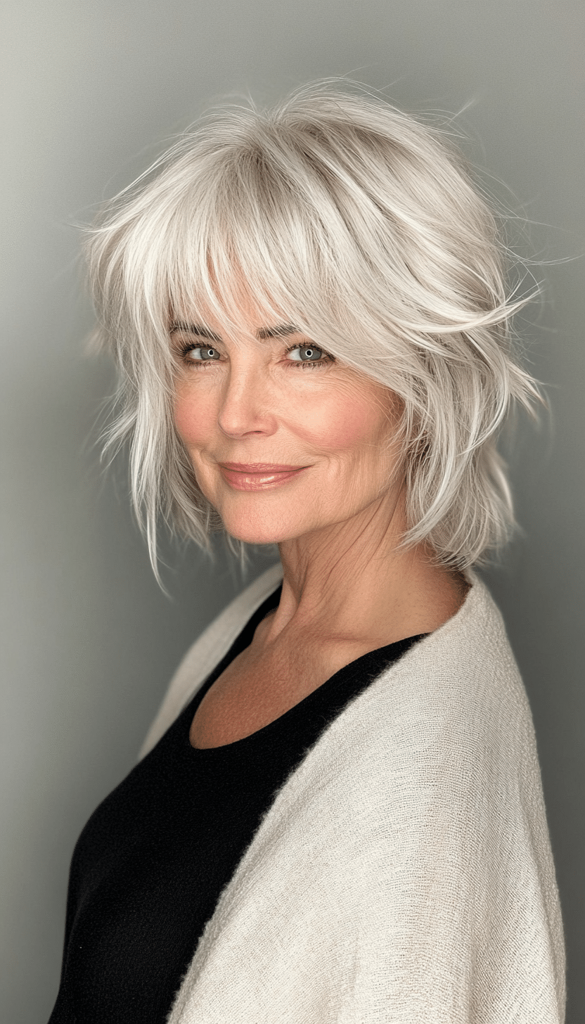 25. Natural White Flowy Shag (Short Shag Haircuts With Bangs For Older Women) - Short Shag Haircuts With Bangs For Older Women