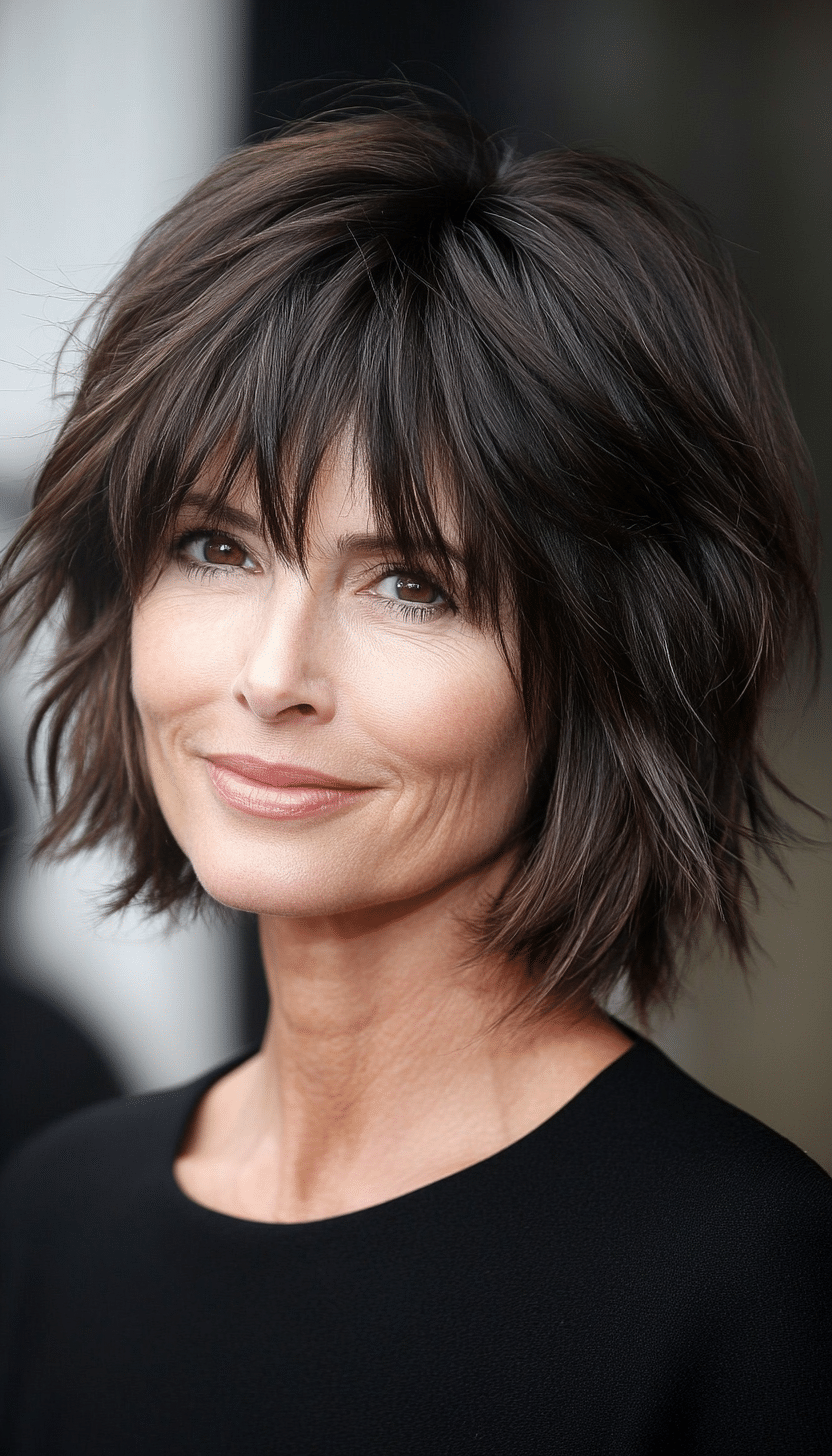 26. Dark Brown Edgy Shag with Micro Bangs (Short Shag Haircuts With Bangs For Older Women) - Short Shag Haircuts With Bangs For Older Women