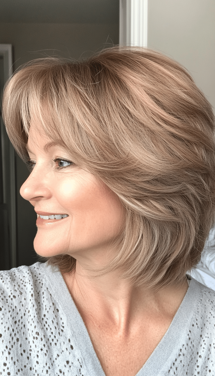 27. Light Brown Shag with Curved Bangs (Short Shag Haircuts With Bangs For Older Women) - Short Shag Haircuts With Bangs For Older Women