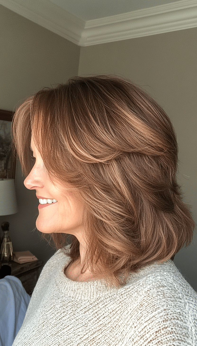 12. Fringed Lob in Caramel Brown (Hairstyles For Older Women With Thin Hair) - Hairstyles For Older Women With Thin Hair