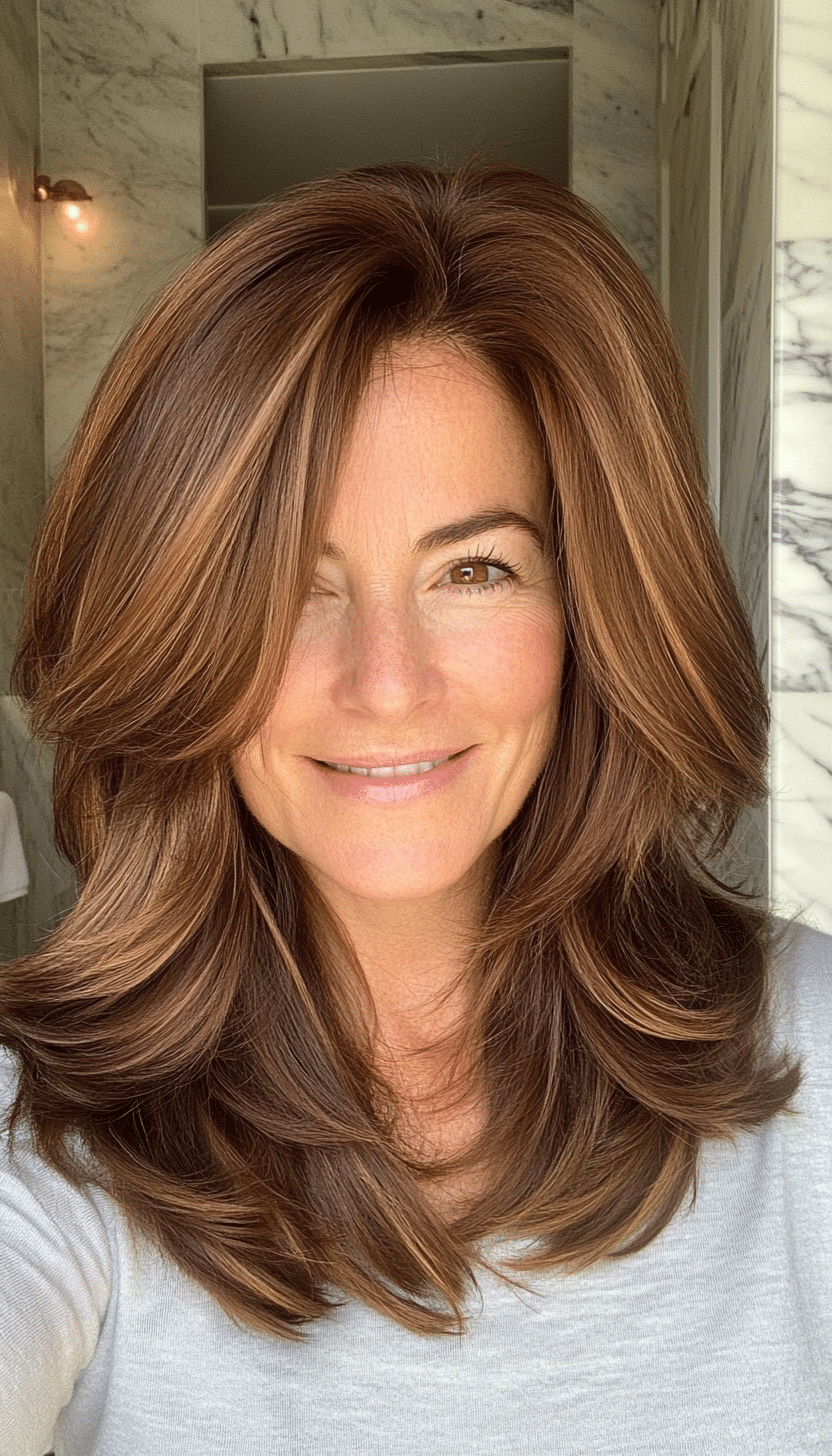 19. Chin-Length Layers in Chestnut Brown (Hairstyles For Older Women With Thin Hair) - Hairstyles For Older Women With Thin Hair